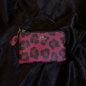NEW Coach Cranberry Slate Ocelot Leopard Print Burgundy Corner Zip Wristlet